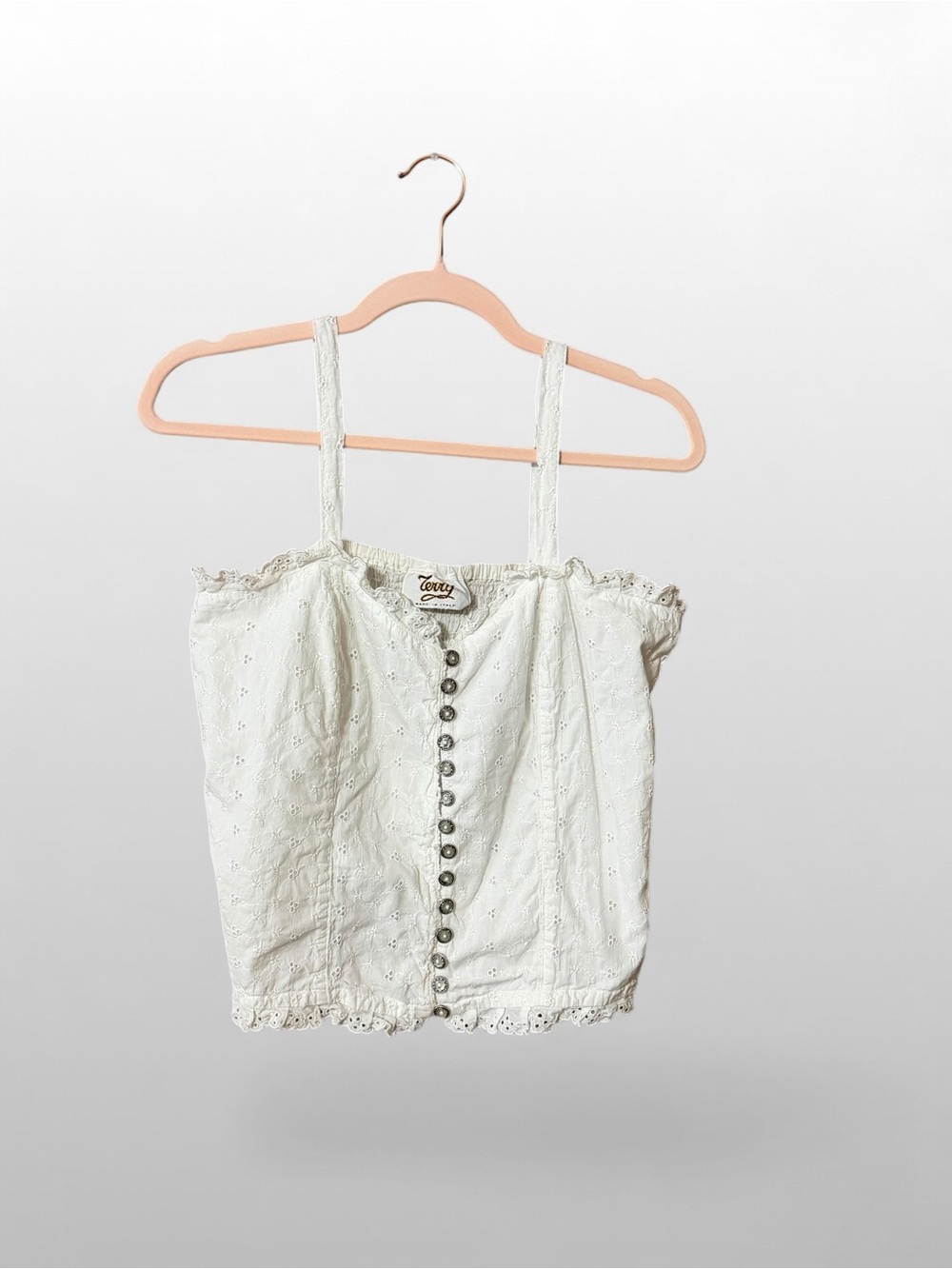 Terry Italy White Eyelet Corset Top Lace Trim Button Front Cotton